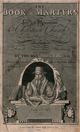 Frontispiece for Fox's Book of Martyrs, showing John Fox in a decorative panel. Engraving.