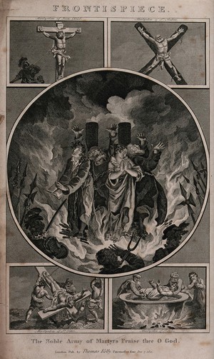 view Frontispiece for Fox's Book of Martyrs, showing the martyrdom of Jesus Christ, Saint Andrew, Saint Peter and Saint John. Engraving.