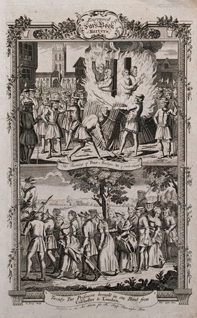 Above, four martyrs are chained to a post and burnt at the stake in Canterbury; below, a procession of twenty-two prisoners tied together and brought from Colchester to London, presumably for trial. Etching with engraving by G. Terry.