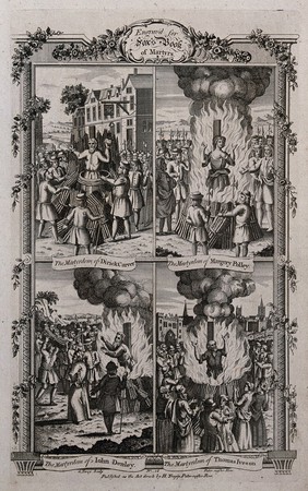 Above, two martyrs, Dirick Carver and Margery Polley are burnt at the stake: below, two martyrs, John Denley and Thomas Iveson are burnt alive at the stake. Etching by G. Terry.