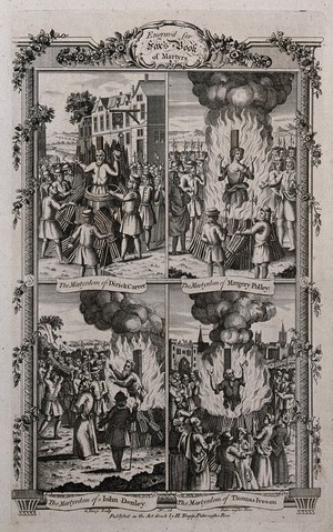 view Above, two martyrs, Dirick Carver and Margery Polley are burnt at the stake: below, two martyrs, John Denley and Thomas Iveson are burnt alive at the stake. Etching by G. Terry.