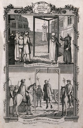 Above, a cat in a priest's habit is hung on the gallows with priests laughing at the sight; below, a blindfolded man is hung and the rope breaks to release him to the ground. Etching by G. Terry.