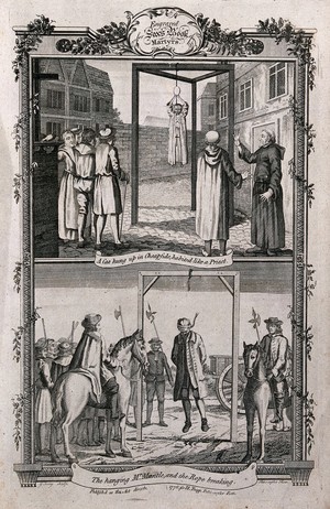view Above, a cat in a priest's habit is hung on the gallows with priests laughing at the sight; below, a blindfolded man is hung and the rope breaks to release him to the ground. Etching by G. Terry.