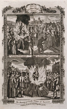 Above, the martyrs Cicely Ormes and Margaret Thurston are burnt back to back at the stake in Colchester and the burning at a stake in Islington of the martyrs Ralph Alderton, Margery Austoo and R. Roth; below the burning of the martyr Cicely Ormes in Norwich. Etching by G. Terry.