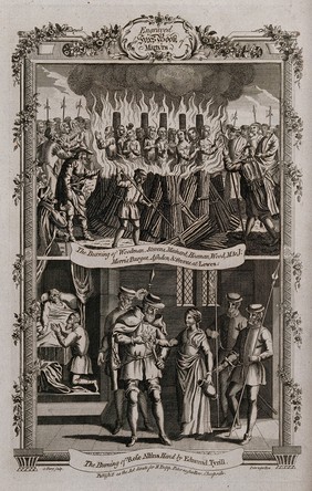 Above, martyrs Woodman, Steves, Mainard, Hosman, Wood, Morris, Burges, Ashdon and Groves are burnt together at the stake in Lewes; below, the hand of Rose Allins is held over a flaming torch by Edmund Tyrill. Etching by G. Terry.