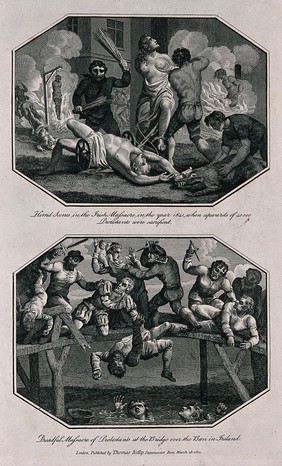 Above, the Irish Massacre in 1641: men are being hanged, beaten and dragged by their feet behind horses while a woman has her nipples cut off with large scissors; below, men women and children are massacred on a bridge over the River Boen in Ireland. Etching with engraving.