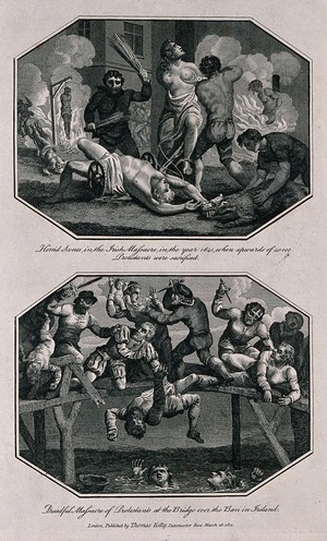 view Above, the Irish Massacre in 1641: men are being hanged, beaten and dragged by their feet behind horses while a woman has her nipples cut off with large scissors; below, men women and children are massacred on a bridge over the River Boen in Ireland. Etching with engraving.