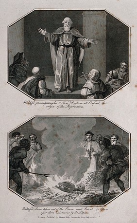 Above, John Wycliffe preaching to a crowd in Oxford; below, the scattering of the ashes of John Wycliffe's bones after his body had been exhumed and his bones burnt 41 years after his death. Etching.