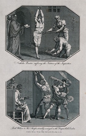 Above, the martyr Nicholas Burton is tied and suspended from a hook and tortured by men using pliers to tear flesh from his body; below, Richard Wilmot and Thomas Halifax are scourged in Drapers Hall, London. Engraving with etching.