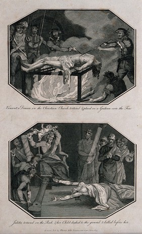 Above, the martyr Vincent is tortured by being placed on a gridiron with spikes over a fire and being prodded with pliers; below, Julitta is tortured on the rack and her child hurled to the ground and killed by governor Alexander. Engraving with etching.