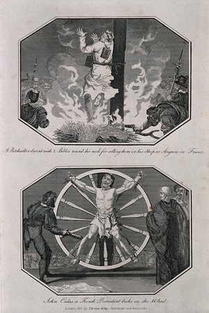 view Above, a bookseller is chained to the stake and burnt with books bound around his neck; below, the martyr John Calas, a French Protestant, is tortured on the wheel. Engraving with etching, 1812.