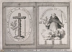 view Left, the banner of the Spanish Inquisition; right banner of the Inquisition in Goa. Engraving by B. Picart, 1722.