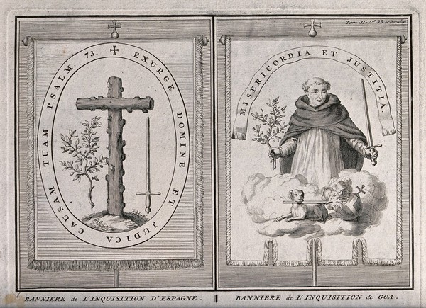 Left, the banner of the Spanish Inquisition; right banner of the Inquisition in Goa. Engraving by B. Picart, 1722.