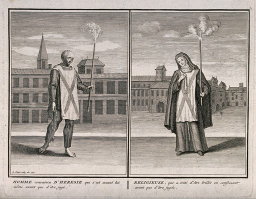 Left, a man convicted of heresy in the Spanish Inquisition; right, a nun that escaped being burned at the stake by recanting. Engraving by B. Picart, 1722.