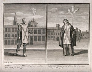 view Left, a man convicted of heresy in the Spanish Inquisition; right, a nun that escaped being burned at the stake by recanting. Engraving by B. Picart, 1722.