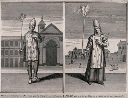 Left, a young man avoiding being burnt at the stake for heresy by the Spanish Inquisition by recanting; left, a young woman avoiding being burned alive by recanting after the judgement. Engraving by B. Picart, 1722.