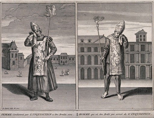 Left, a young woman condemned to be burnt alive by the Spanish Inquisition; right, a young man about to be burnt alive at the stake by the Spanish Inquisition. Engraving by B. Picart, 1722.