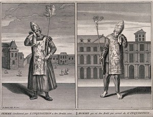 view Left, a young woman condemned to be burnt alive by the Spanish Inquisition; right, a young man about to be burnt alive at the stake by the Spanish Inquisition. Engraving by B. Picart, 1722.