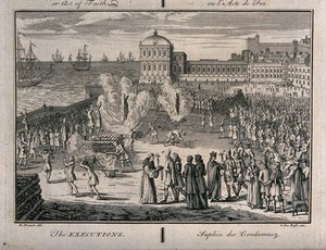 view An auto-da-fé of the Spanish Inquisition and the execution of sentences by burning heretics on the stake in a market place. Engraving by B. Picart.