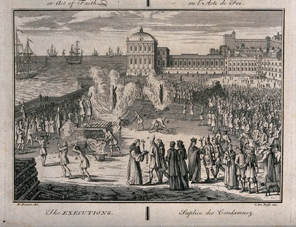 An auto-da-fé of the Spanish Inquisition and the execution of sentences by burning heretics on the stake in a market place. Engraving by B. Picart.