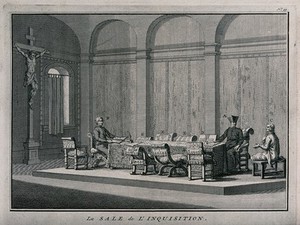view An interrogation room of the Spanish Inquisition with two priests and an accused heretic. Engraving by B. Picart, 1722.