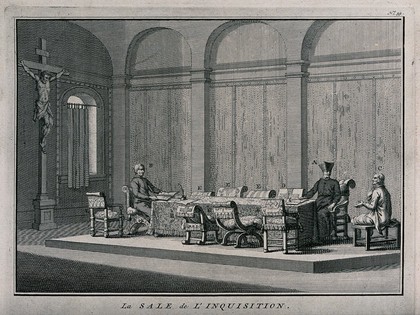 An interrogation room of the Spanish Inquisition with two priests and an accused heretic. Engraving by B. Picart, 1722.