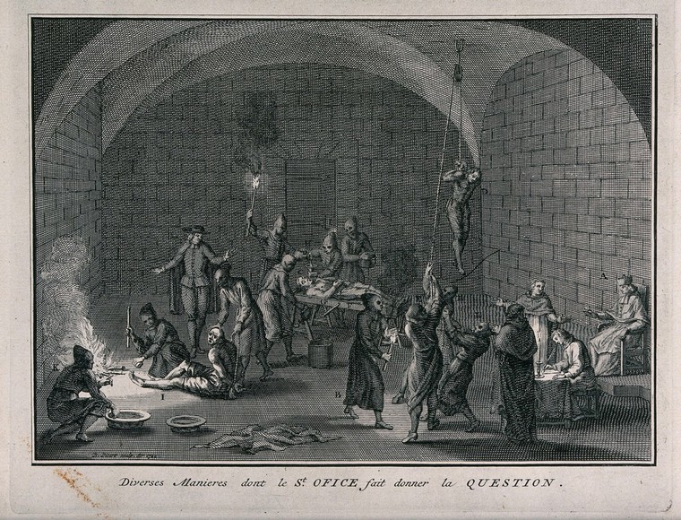 A torture chamber of the Spanish Inquisition with suspected heretics