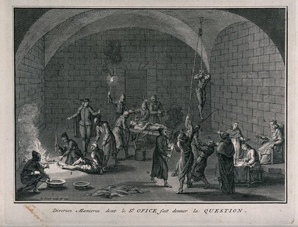 A torture chamber of the Spanish Inquisition with suspected heretics having their feet burned or being suspended with a rope from a pulley while scribes note down confessions. Engraving by B. Picart, 1722.