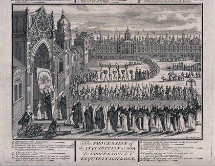 The procession of the Spanish Inquisition in Goa entering the church with standards and banners. Engraving.