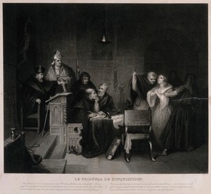 view A distressed young woman protests her innocence and prays before the judge and the counsel of the Spanish inquisition. Aquatint by J.P.M. Jazet, 1839, after S.J.E. Jones.