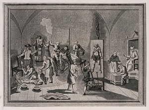 view The inside of a jail of the Spanish Inquisition, with a priest supervising his scribe while men and women are suspended from pulleys, tortured on the rack or burnt with torches. Etching.