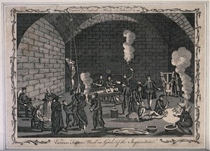 view The inside of a jail of the Inquisition, with a priest supervising his scribe while men and women are suspended from pulleys, tortured on the rack or burnt with torches. Etching.