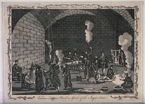 The inside of a jail of the Inquisition, with a priest supervising his scribe while men and women are suspended from pulleys, tortured on the rack or burnt with torches. Etching.