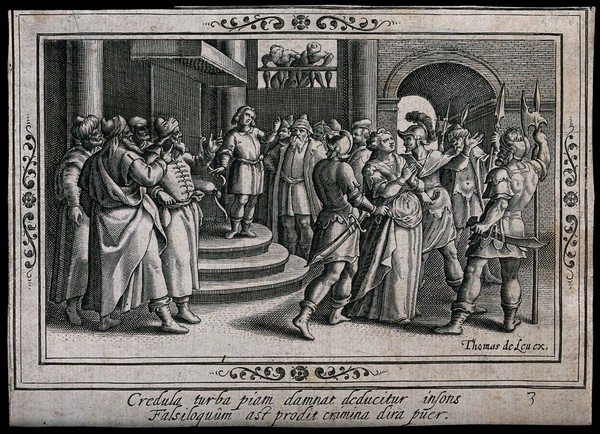 Daniel calls for the cross-examination of the elders who harassed Susanna. Engraving after M. de Vos.