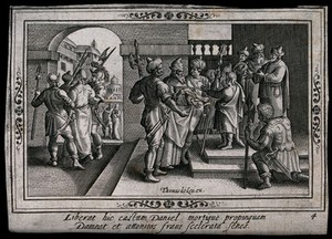 view Soldiers bring Daniel before a throne to be judged. Engraving after M. de Vos.