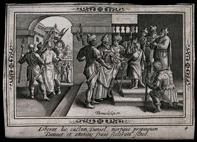 Soldiers bring Daniel before a throne to be judged. Engraving after M. de Vos