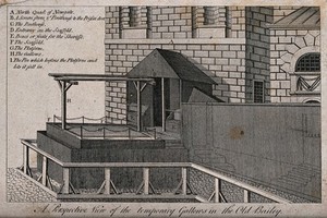 view The temporary gallows in the Old Bailey, north of Newgate. Engraving with etching.