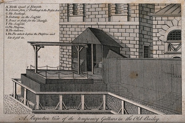 The temporary gallows in the Old Bailey, north of Newgate. Engraving with etching.