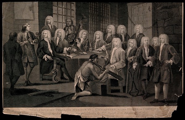 Thomas Bambridge, warden of the Fleet prison, before a committee of the House of Commons visiting the prisons. Engraving by T. Cook after W. Hogarth.