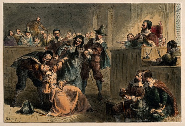 Bacon's rebellion, Virginia, 1676-1677: Lydia, the wife of the rebel Edmund Cheeseman, faints as he is condemned for treason by the governor of Virgina, William Berkeley; a toothless old lady is restrained from attacking her. Coloured etching by A. Bobbet after F. Darley.