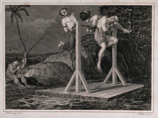 An angler pulls in a raft on which Russian pirates are tied to a gibbet with hooks piercing into their flesh. Engraving by T. Wallis after W.M. Craig, 1805.
