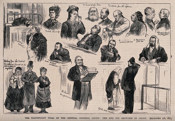 Scenes from the Wainwright trial at the Central Criminal Court in December 1875. Wood engraving, 1875.