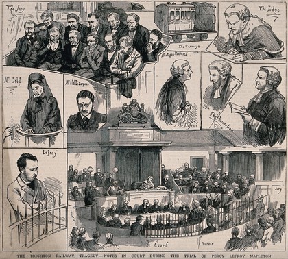 Scenes in the trial of Percy Lefroy Mapleton at Maidstone Assizes for murder of Isaac Gold on the London-Brighton railway. Wood engraving, 1881.