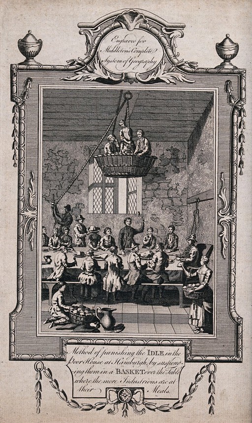Four people are suspended in a basket over a table of diners. Engraving.