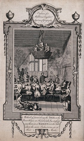 Hamburg: four poor people accused of idleness are suspended in a basket over a table of diners in a workhouse. Engraving, 1779.