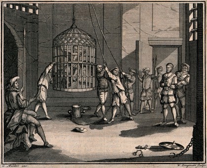 A prisoner is shown a cage which is suspended from the ceiling and already contains another prisoner. Etching by W. Longman after G. Milder.