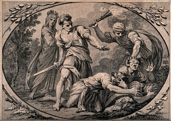 A group of blindfolded people are kneeling down being hit with burning bundles of brushwood and about to be killed with a sword. Line engraving.