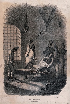 view A manacled prisoner is stripped to the waist and restrained by prison warders while he is beaten with a lash. Wood engraving by F. Rouget after J. Noel and Rambert.