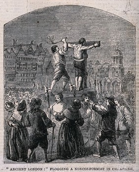 A nonconformist fastened to a stake by a ring round his neck and wrists and flogged with a rod in Cheapside. Wood engraving.