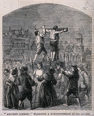 view A nonconformist fastened to a stake by a ring round his neck and wrists and flogged with a rod in Cheapside. Wood engraving.